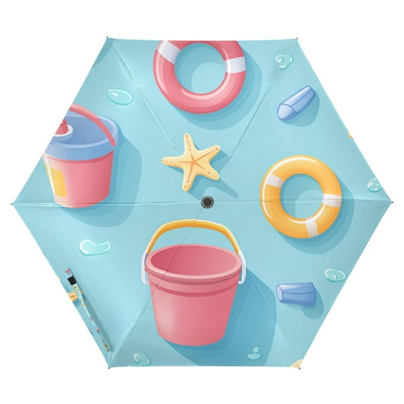 FORMRS Travel Umbrella Folding Auto Open Close Windproof Rain UV Protection, Pink Beach Toys Pattern