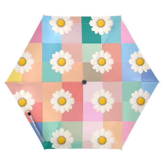 FORMRS Travel Umbrella Folding Auto Open Close Windproof Rain UV Protection, Pink Checkered Daisy