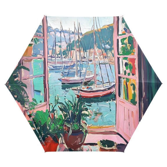 FORMRS Travel Umbrella Folding Auto Open Close Windproof Rain UV Protection, Pink Door