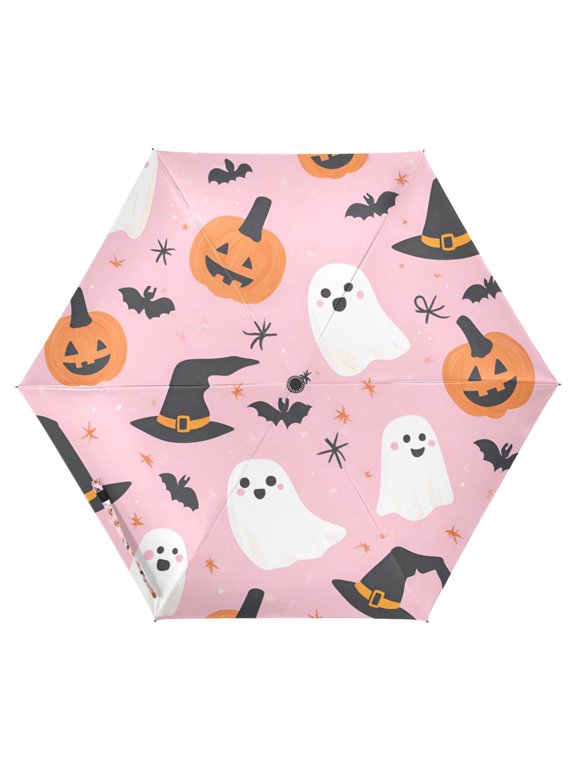 Travel Umbrella Folding Auto Open Close Windproof Rain UV Protection, Pink Halloween Ghosts