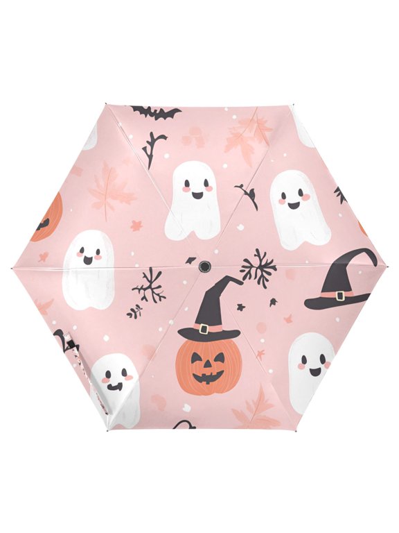 Travel Umbrella Folding Auto Open Close Windproof Rain UV Protection, Pink Halloween Ghosts