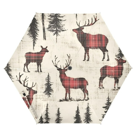 FORMRS Travel Umbrella Folding Auto Open Close Windproof Rain UV Protection, Plaid Deer