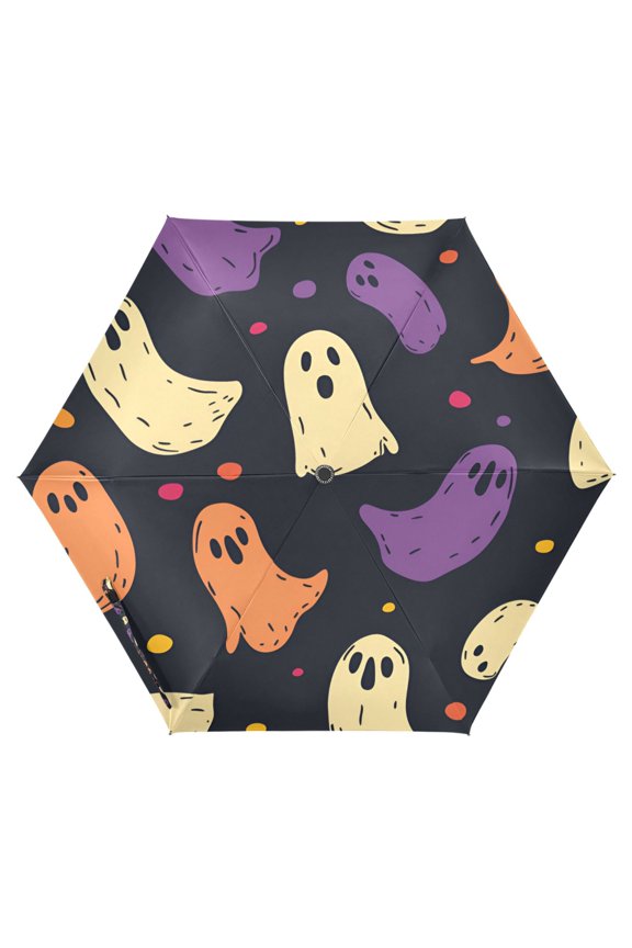 Travel Umbrella Folding Auto Open Close Windproof Rain UV Protection, Purple Halloween Ghosts