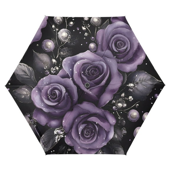 FORMRS Travel Umbrella Folding Auto Open Close Windproof Rain UV Protection, Purple Roses