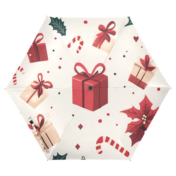 FORMRS Travel Umbrella Folding Auto Open Close Windproof Rain UV Protection, Red Christmas Gift Pattern
