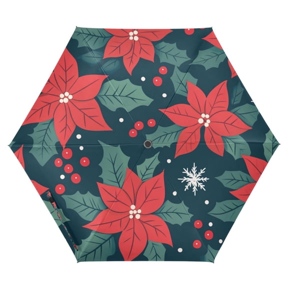 FORMRS Travel Umbrella Folding Auto Open Close Windproof Rain UV Protection, Red Christmas Leaves
