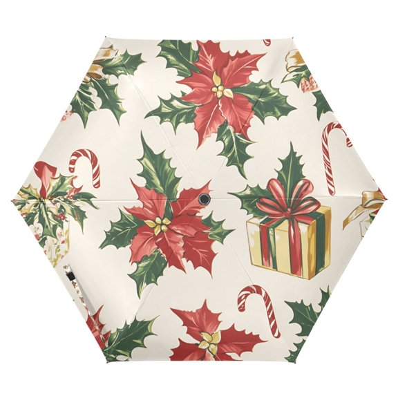FORMRS Travel Umbrella Folding Auto Open Close Windproof Rain UV Protection, Red Christmas Poinsettia