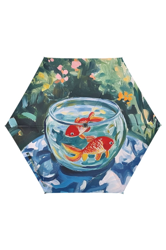 Travel Umbrella Folding Auto Open Close Windproof Rain UV Protection, Red Goldfish