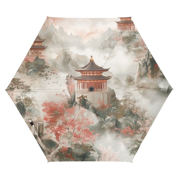 FORMRS Travel Umbrella Folding Auto Open Close Windproof Rain UV Protection, Red Mountain Pattern