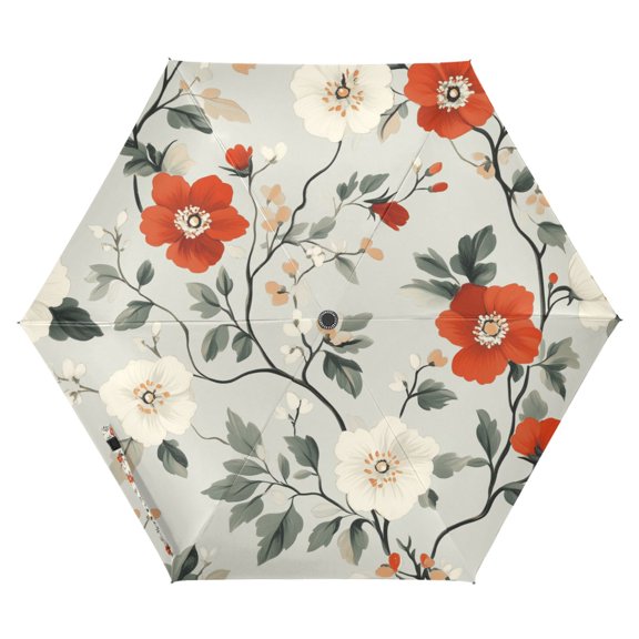 FORMRS Travel Umbrella Folding Auto Open Close Windproof Rain UV Protection, Red and White Floral Pattern