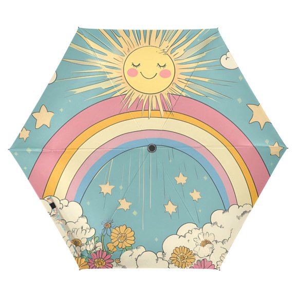 FORMRS Travel Umbrella Folding Auto Open Close Windproof Rain UV Protection, Retro Beige Rainbow