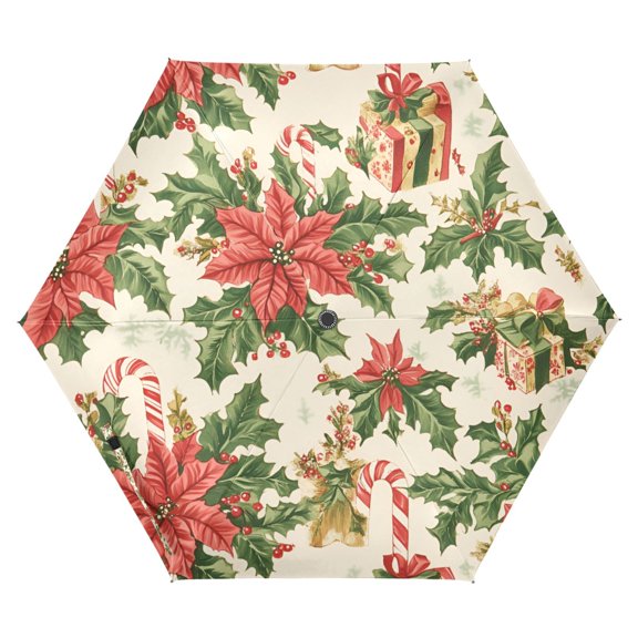 FORMRS Travel Umbrella Folding Auto Open Close Windproof Rain UV Protection, Retro Christmas Holly