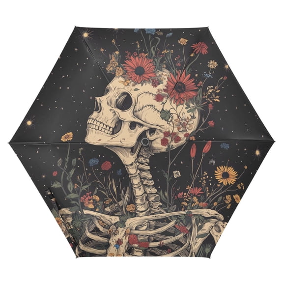 FORMRS Travel Umbrella Folding Auto Open Close Windproof Rain UV Protection, Skeleton with Flowers Pattern