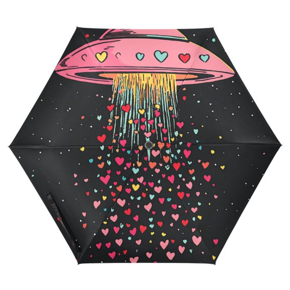 FORMRS Travel Umbrella Folding Auto Open Close Windproof Rain UV Protection, UFO with Hearts Pattern