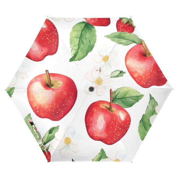 FORMRS Travel Umbrella Folding Auto Open Close Windproof Rain UV Protection, White Apple Pattern