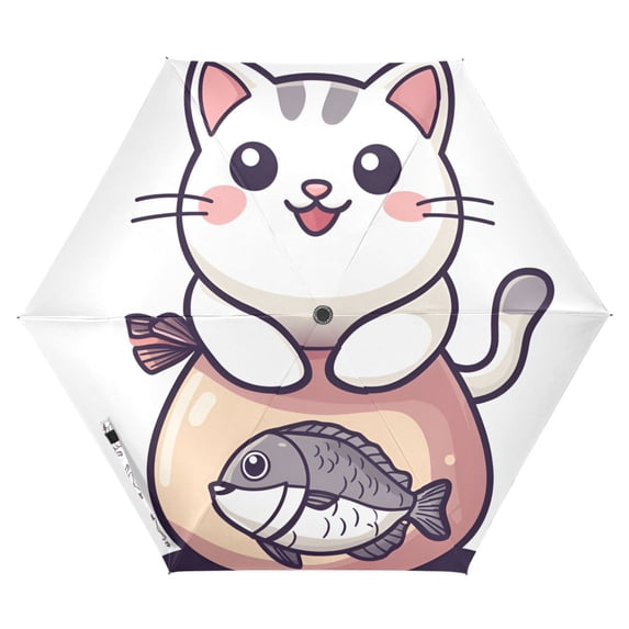 FORMRS Travel Umbrella Folding Auto Open Close Windproof Rain UV Protection, White Cute Cat