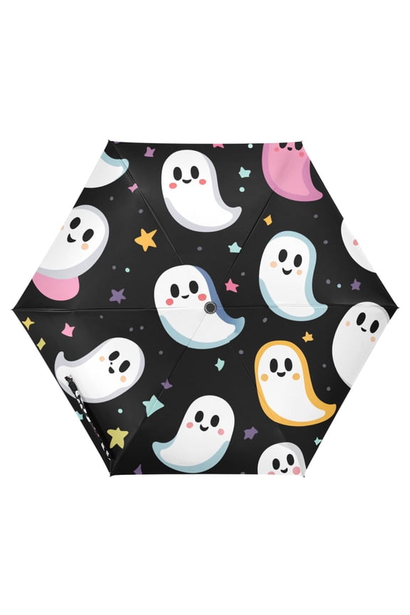 Travel Umbrella Folding Auto Open Close Windproof Rain UV Protection, White Halloween Ghost