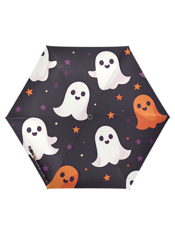 Travel Umbrella Folding Auto Open Close Windproof Rain UV Protection, White Halloween Ghosts