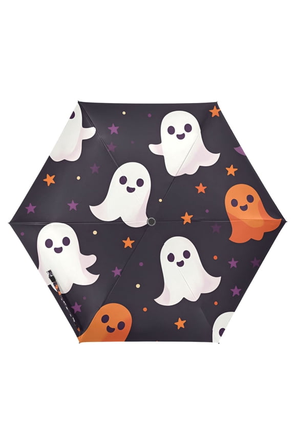 Travel Umbrella Folding Auto Open Close Windproof Rain UV Protection, White Halloween Ghosts
