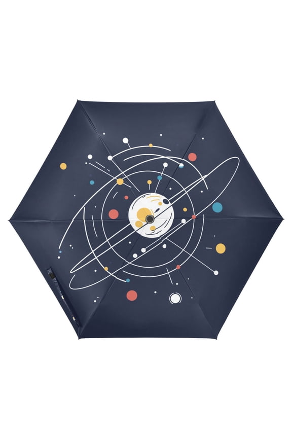 Travel Umbrella Folding Auto Open Close Windproof Rain UV Protection, White Planet