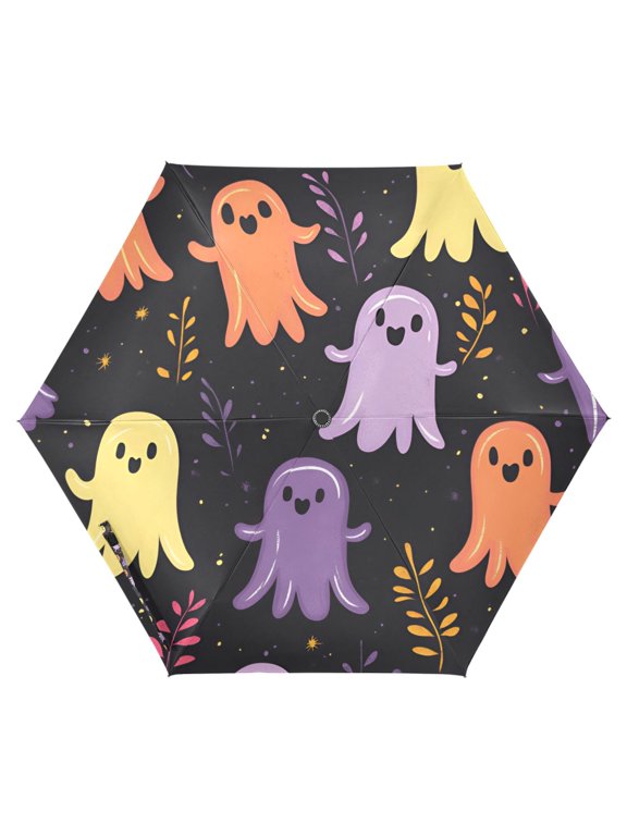 Travel Umbrella Folding Auto Open Close Windproof Rain UV Protection, Yellow Halloween Ghosts