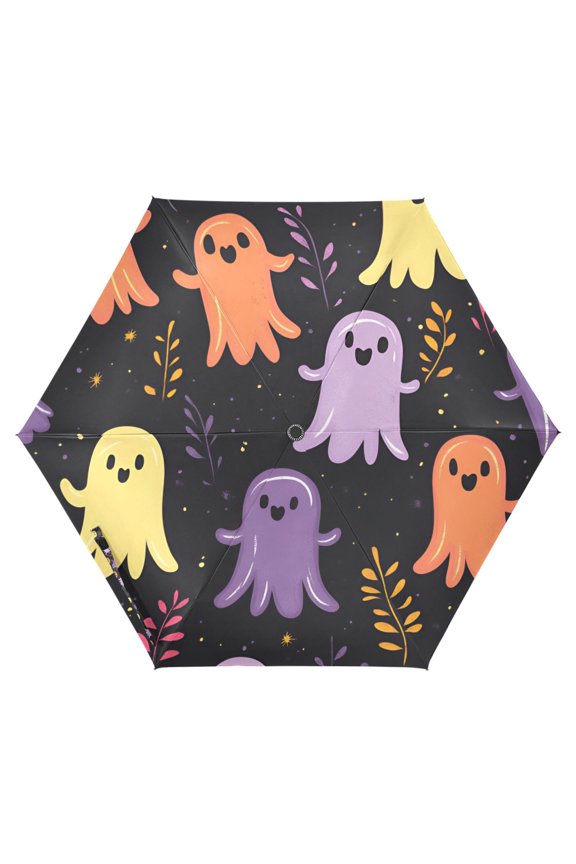 Travel Umbrella Folding Auto Open Close Windproof Rain UV Protection, Yellow Halloween Ghosts