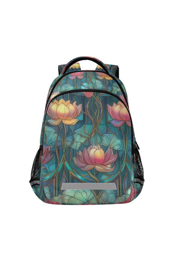 Unisex Backpack Elementary School Travel Bookbag with Reflective Stripes, Art Water Lilies Pattern