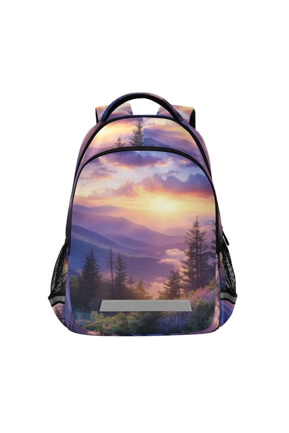 Unisex Backpack Elementary School Travel Bookbag with Reflective Stripes, Beautiful Mountain