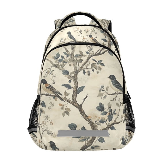 FORMRS Unisex Backpack Elementary School Travel Bookbag with Reflective Stripes, Beige Birds