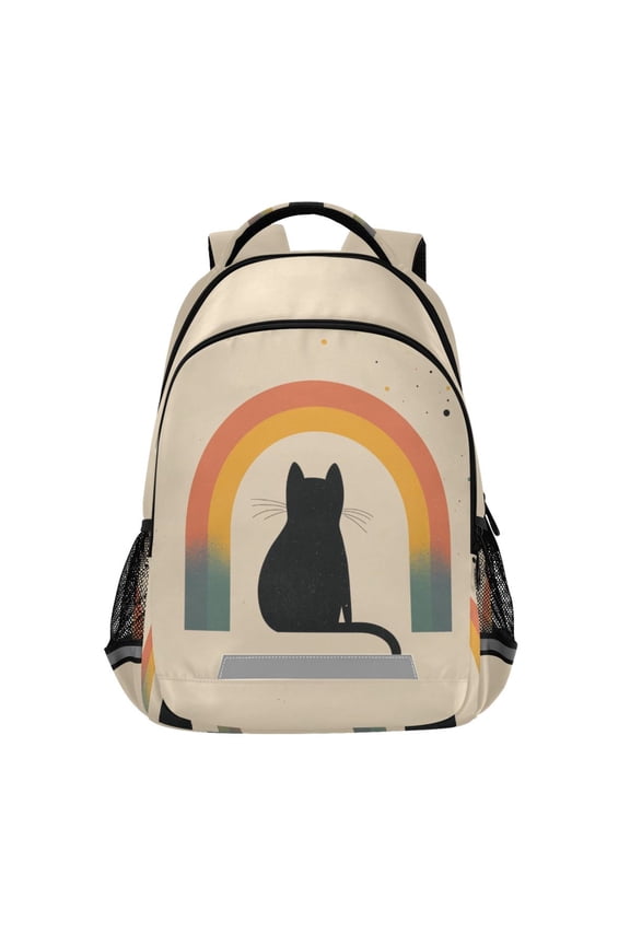 Unisex Backpack Elementary School Travel Bookbag with Reflective Stripes, Beige Cat Rainbow
