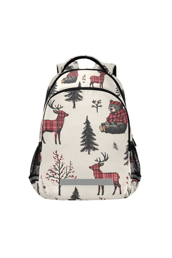 Unisex Backpack Elementary School Travel Bookbag with Reflective Stripes, Beige Christmas Plaid