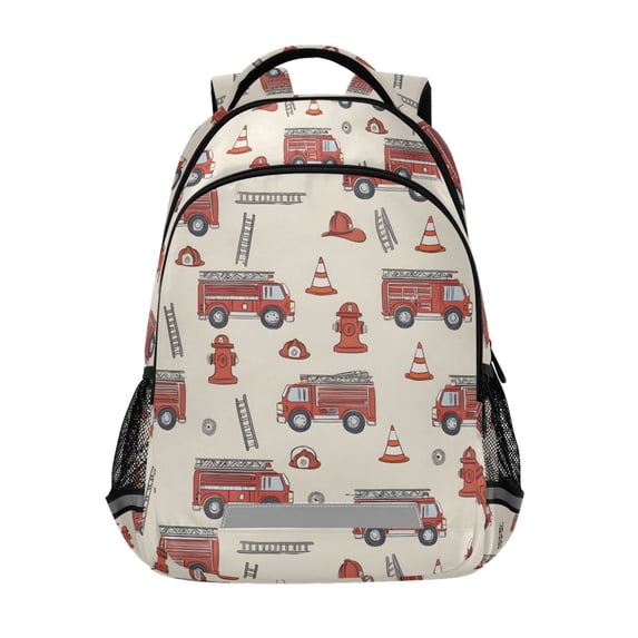 FORMRS Kids School Backpack Elementary Student Unisex Travel Bookbag with Reflective Stripes, Beige Fire Truck Pattern