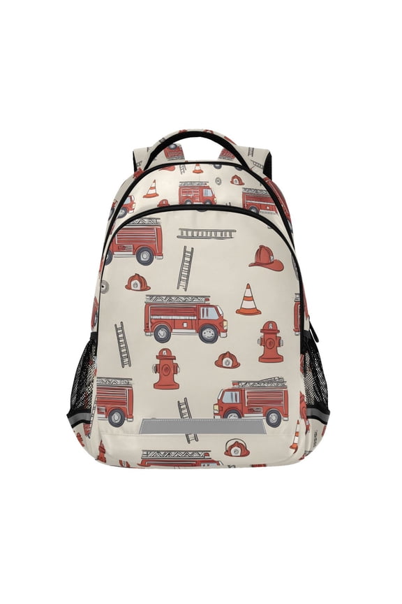 Unisex Backpack Elementary School Travel Bookbag with Reflective Stripes, Beige Fire Truck Pattern