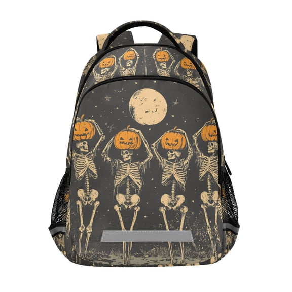 FORMRS Unisex Backpack Elementary School Travel Bookbag with Reflective Stripes, Beige Halloween Skeleton