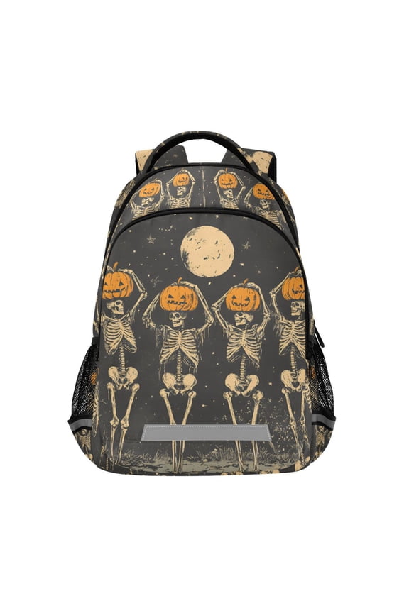 Unisex Backpack Elementary School Travel Bookbag with Reflective Stripes, Beige Halloween Skeleton