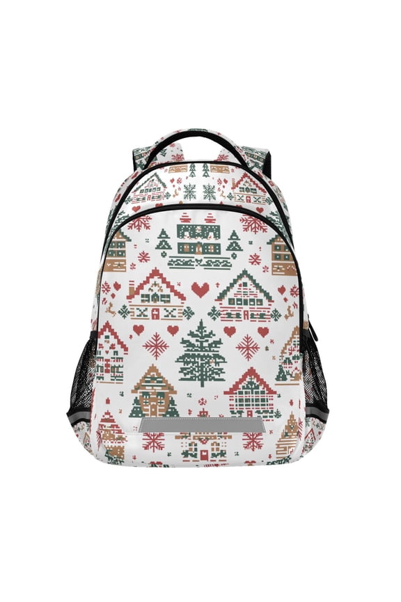 Unisex Backpack Elementary School Travel Bookbag with Reflective Stripes, Beige Nordic Christmas House