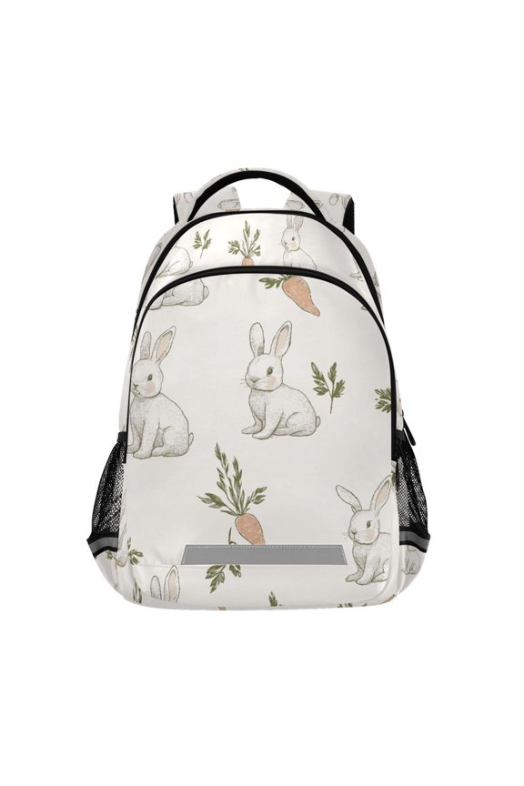 Unisex Backpack Elementary School Travel Bookbag with Reflective Stripes, Beige Rabbits and Carrots