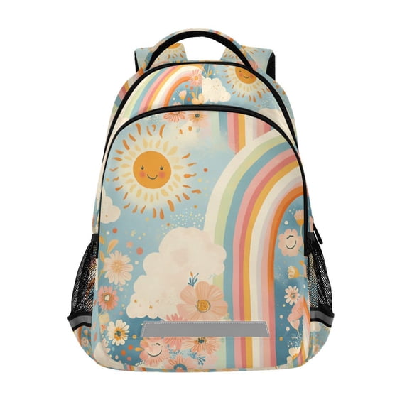 FORMRS Kids School Backpack Elementary Student Unisex Travel Bookbag with Reflective Stripes, Beige Rainbow Clouds