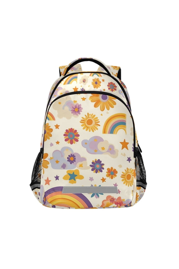Unisex Backpack Elementary School Travel Bookbag with Reflective Stripes, Beige Retro Rainbow