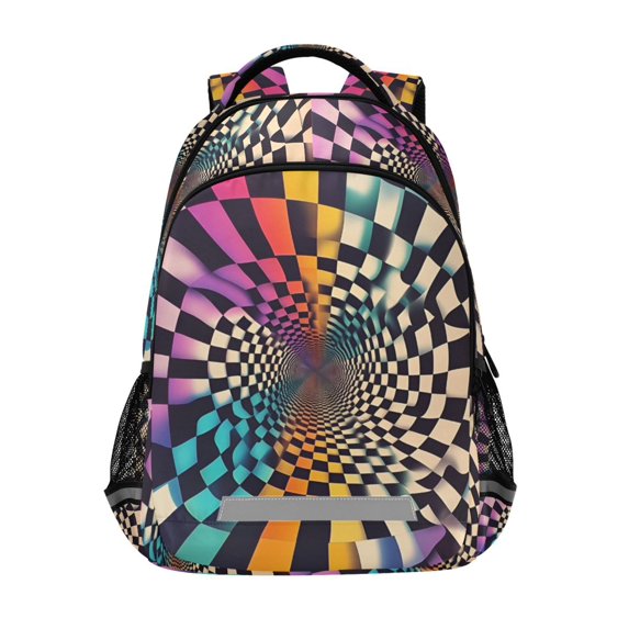 FORMRS Unisex Backpack Elementary School Travel Bookbag with Reflective Stripes, Beige Wavy Plaid