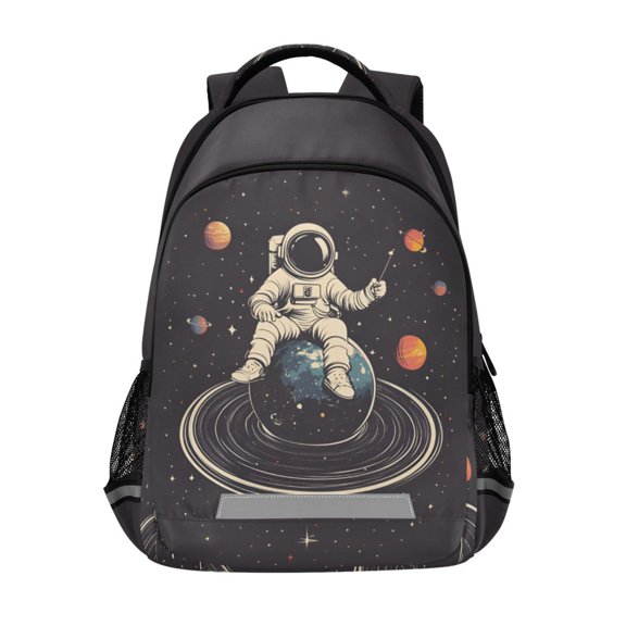 FORMRS Unisex Backpack Elementary School Travel Bookbag with Reflective Stripes, Black Astronaut Space