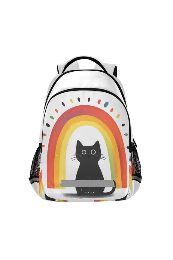 Unisex Backpack Elementary School Travel Bookbag with Reflective Stripes, Black Cat Rainbow