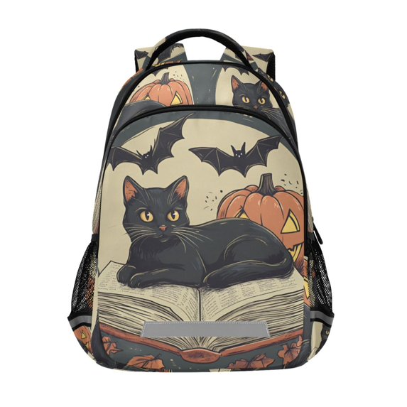 FORMRS Unisex Backpack Elementary School Travel Bookbag with Reflective Stripes, Black Halloween Cat