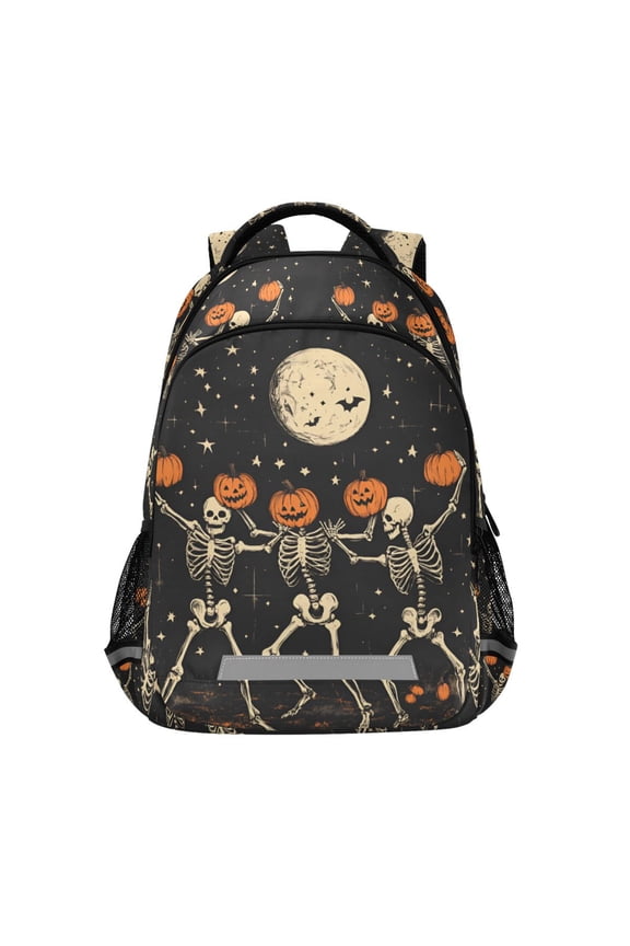 Unisex Backpack Elementary School Travel Bookbag with Reflective Stripes, Black Halloween Dancing Skeleton