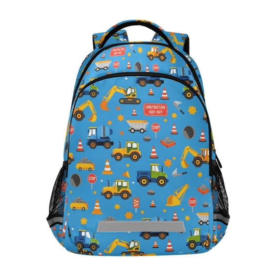 FORMRS Kids School Backpack Elementary Student Unisex Travel Bookbag with Reflective Stripes, Blue Cartoon Trucks Pattern