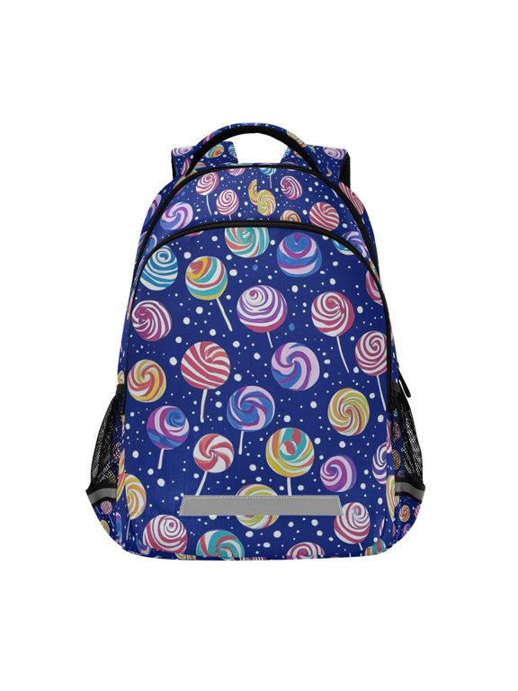 Kids School Backpack Elementary Student Unisex Travel Bookbag with Reflective Stripes, Blue Colorful Candies