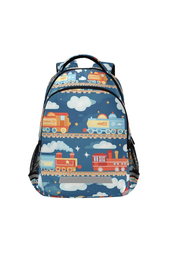 Unisex Backpack Elementary School Travel Bookbag with Reflective Stripes, Blue Cute Train Pattern