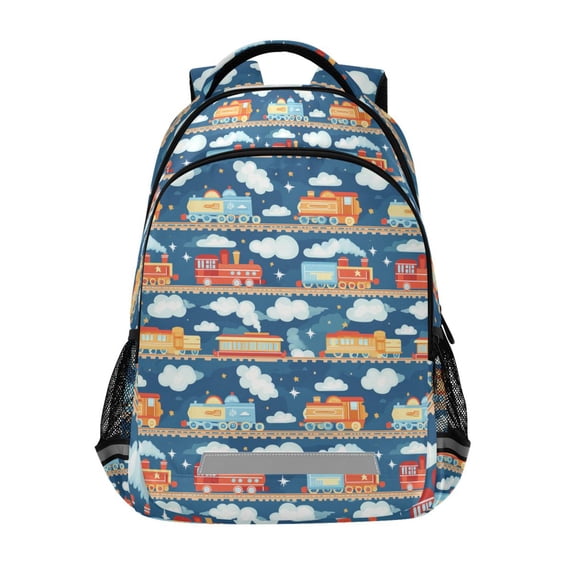 FORMRS Kids School Backpack Elementary Student Unisex Travel Bookbag with Reflective Stripes, Blue Cute Train Pattern