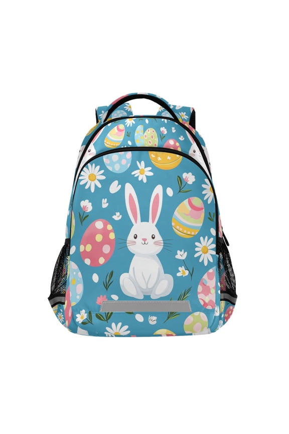 Unisex Backpack Elementary School Travel Bookbag with Reflective Stripes, Blue Easter Bunny