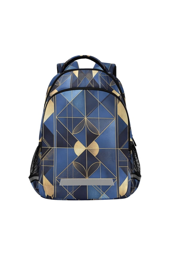 Unisex Backpack Elementary School Travel Bookbag with Reflective Stripes, Blue Geometric Pattern